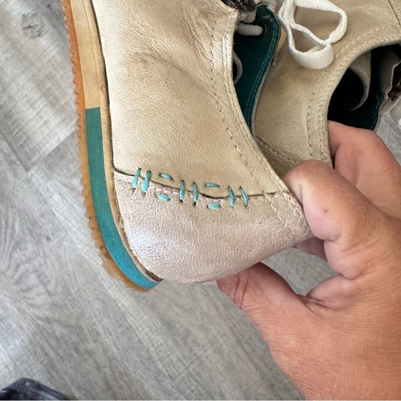 Roan Maudt Beige Leather Suede Teal Tennis Shoe Women’s Size 8 - Picture 8 of 13